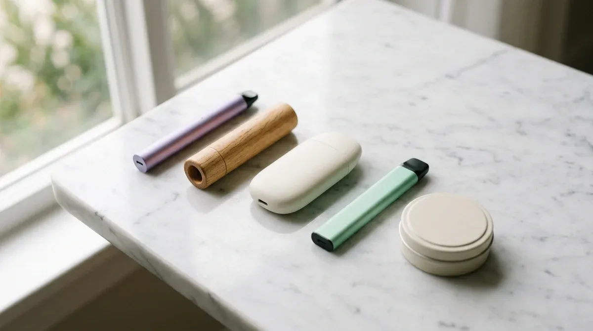 Anxiety pens and stress-relief vape devices arranged on marble surface including pen-style vapes, wooden inhaler, and pouch tin