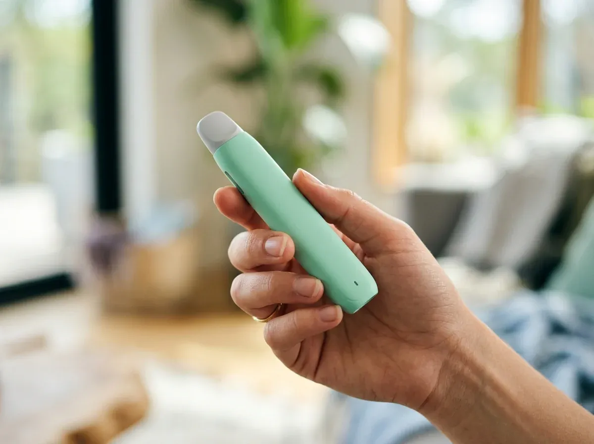 Nicotine-free vape device held in hand — slim modern design showing the actual device, not a retail box